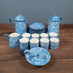 Vintage Blue Speckled Ceramic Coffee Tea Set Pot Creamer Saucers Candlestick